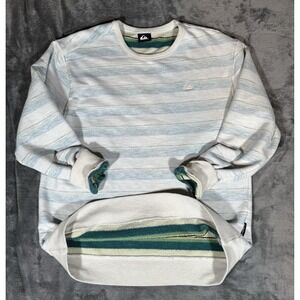 Quiksilver Sweatshirt Mens Medium White Blue Striped Fleece Crewneck Pullover